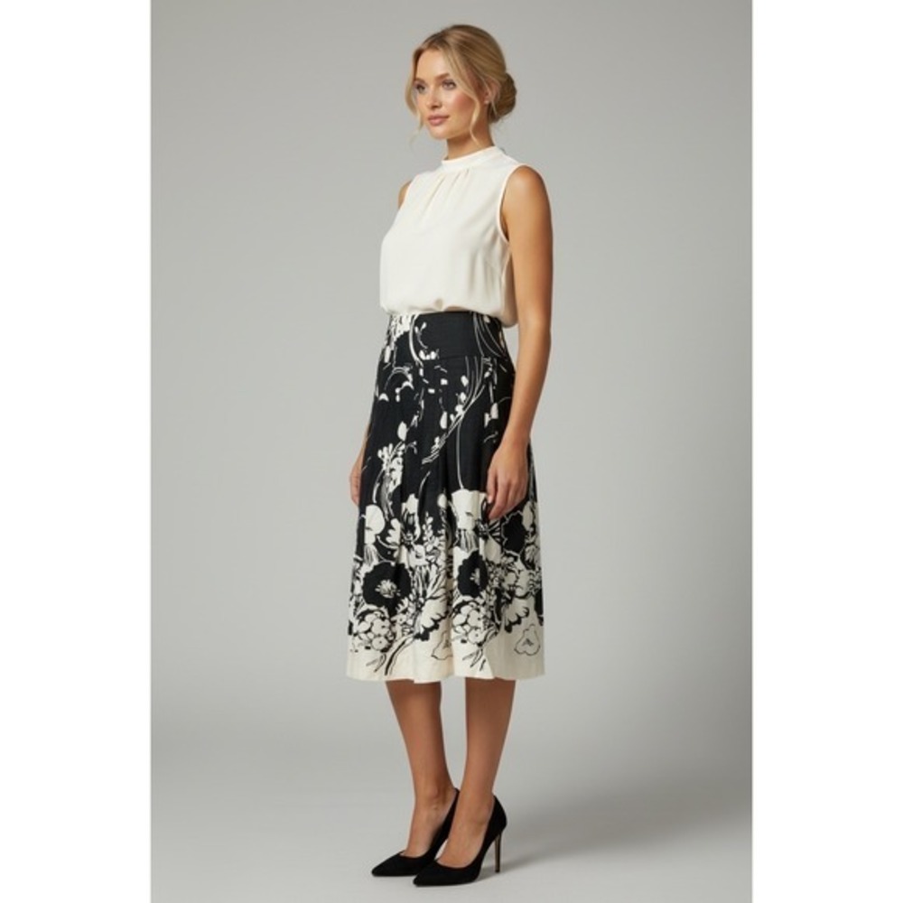 Ann Taylor Floral Linen Blend Size 12 Pleated Midi Skirt Black Ivory Timeless